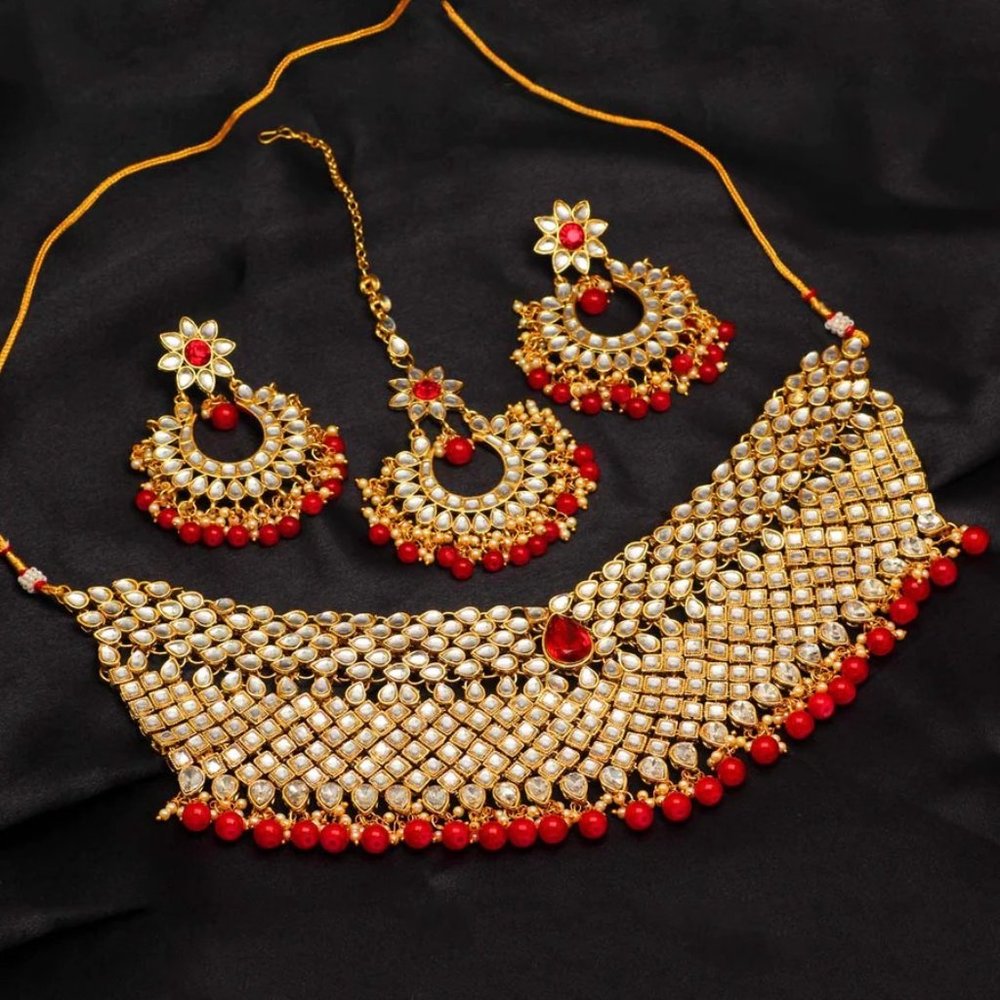 Red Color Imitation Pearl & Kundan Necklace With Earring & Maang Tikka
